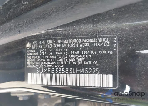 2003 BMW X5 4.4I from USA, damaged, VIN 5UXFB33583LH45225